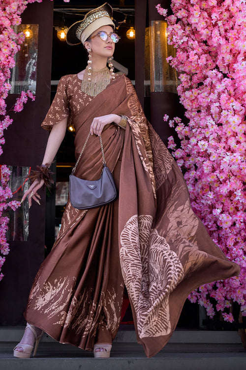 Load image into Gallery viewer, Stunning Brown Digital Printed Satin Silk Saree With Extraordinary Blouse Piece
