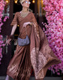 Stunning Brown Digital Printed Satin Silk Saree With Extraordinary Blouse Piece