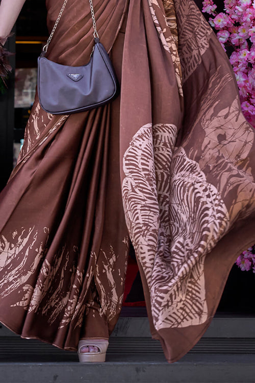 Load image into Gallery viewer, Stunning Brown Digital Printed Satin Silk Saree With Extraordinary Blouse Piece
