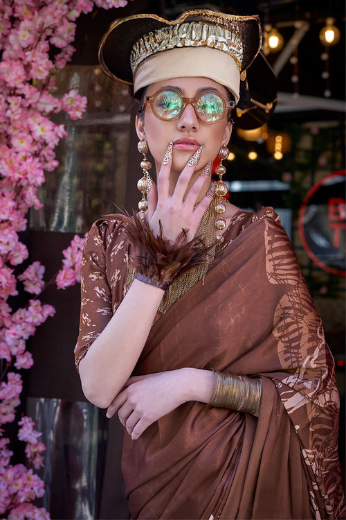 Load image into Gallery viewer, Stunning Brown Digital Printed Satin Silk Saree With Extraordinary Blouse Piece
