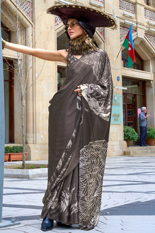 Load image into Gallery viewer, Stylish Dark Brown Digital Printed Satin Silk Saree With Staring Blouse Piece
