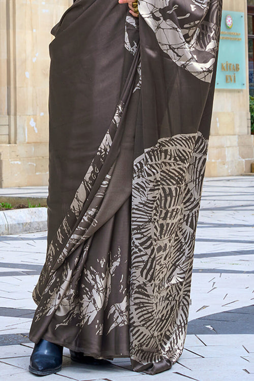 Load image into Gallery viewer, Stylish Dark Brown Digital Printed Satin Silk Saree With Staring Blouse Piece
