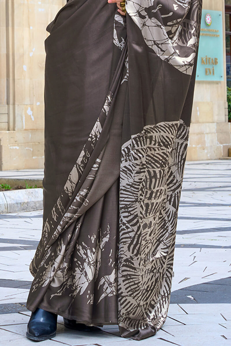 Stylish Dark Brown Digital Printed Satin Silk Saree With Staring Blouse Piece