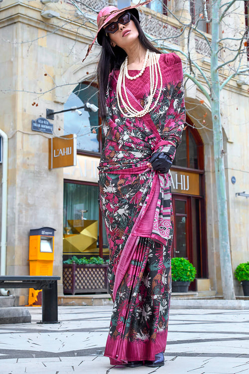 Load image into Gallery viewer, Desiring Magenta Digital Printed Satin Silk Saree With Opulent Blouse Piece
