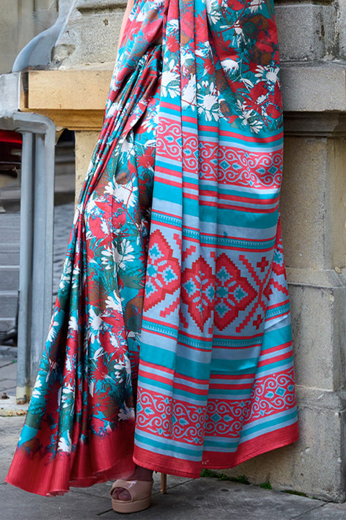 Load image into Gallery viewer, Desirable Firozi Digital Printed Satin Silk Saree With Adoring Blouse Piece
