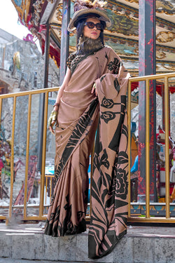 Demesne Brown Digital Printed Satin Silk Saree With Serendipity Blouse Piece