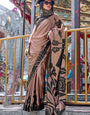 Demesne Brown Digital Printed Satin Silk Saree With Serendipity Blouse Piece