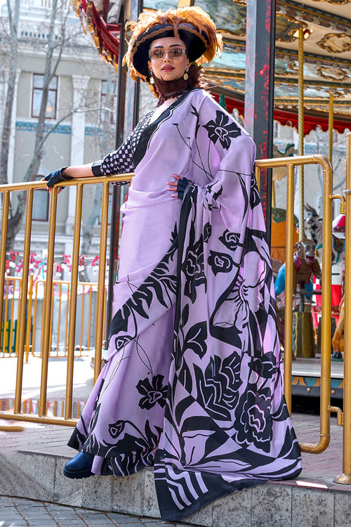 Load image into Gallery viewer, Elaborate Lavender Digital Printed Satin Silk Saree With Pulsating Blouse Piece
