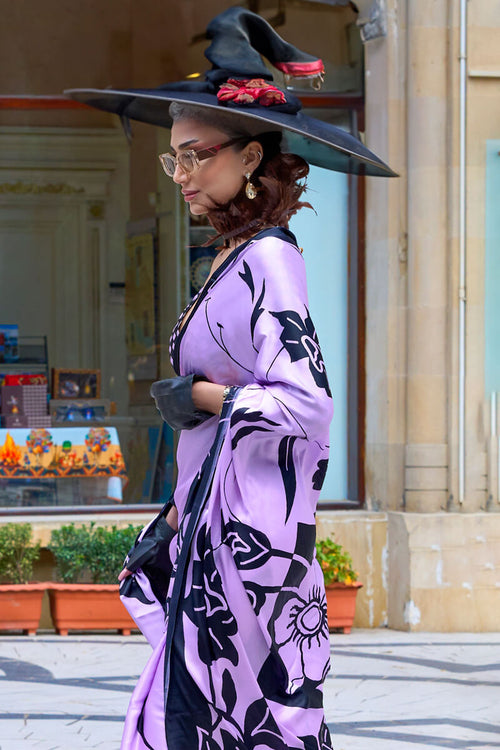 Load image into Gallery viewer, Elaborate Lavender Digital Printed Satin Silk Saree With Pulsating Blouse Piece
