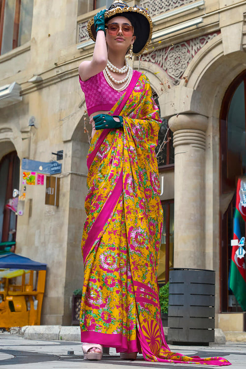 Load image into Gallery viewer, Rhapsodic Yellow Digital Printed Satin Silk Saree With Opulent Blouse Piece
