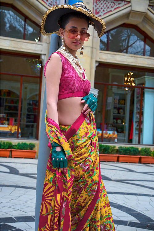 Load image into Gallery viewer, Rhapsodic Yellow Digital Printed Satin Silk Saree With Opulent Blouse Piece
