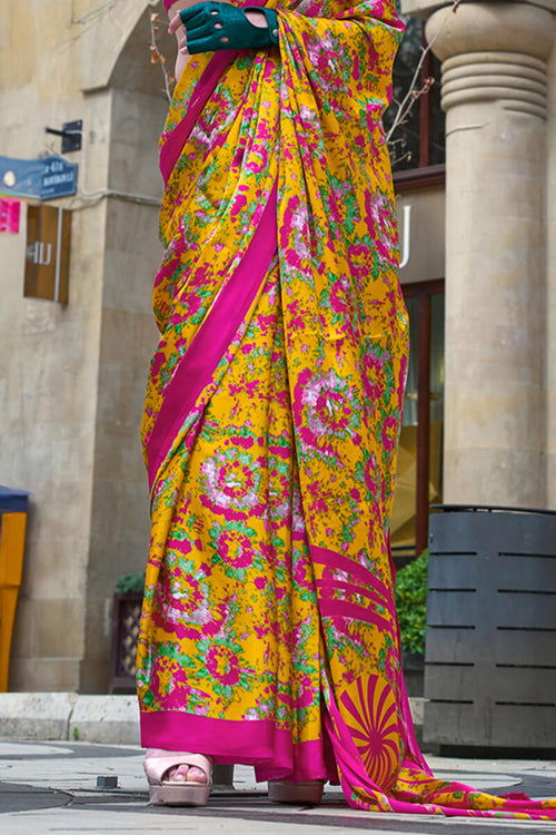 Load image into Gallery viewer, Rhapsodic Yellow Digital Printed Satin Silk Saree With Opulent Blouse Piece
