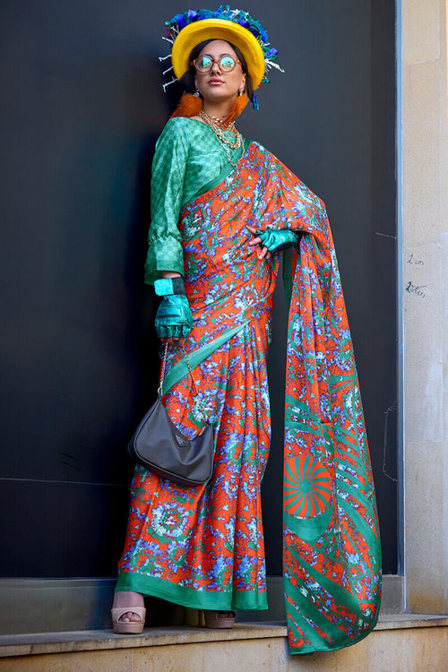 Load image into Gallery viewer, Beguiling Orange Digital Printed Satin Silk Saree With Embellished Blouse Piece
