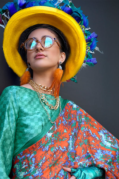 Load image into Gallery viewer, Beguiling Orange Digital Printed Satin Silk Saree With Embellished Blouse Piece
