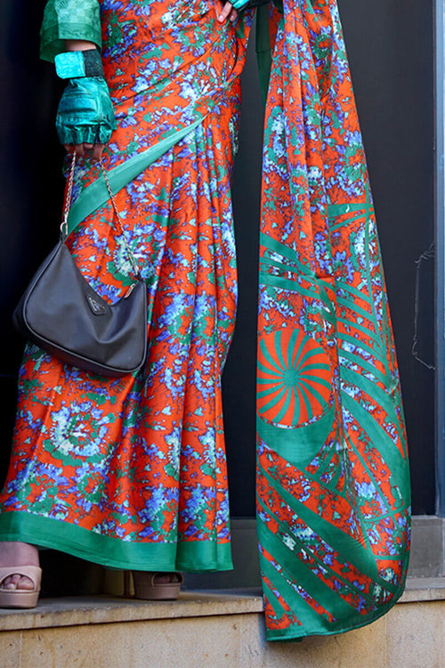 Load image into Gallery viewer, Beguiling Orange Digital Printed Satin Silk Saree With Embellished Blouse Piece
