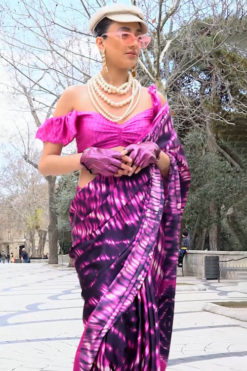 Load image into Gallery viewer, Dulcet Purple Digital Printed Satin Silk Saree With Ethereal Blouse Piece
