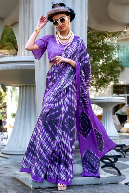 Majestic Royal Purple Digital Printed Satin Silk Saree With Imaginative Blouse Piece