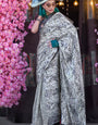 Engaging Grey Digital Printed Satin Silk Saree With Magnetic Blouse Piece