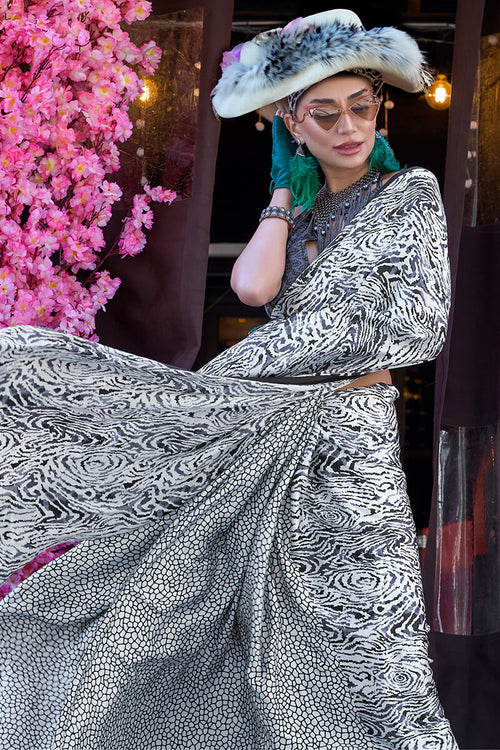 Load image into Gallery viewer, Engaging Grey Digital Printed Satin Silk Saree With Magnetic Blouse Piece
