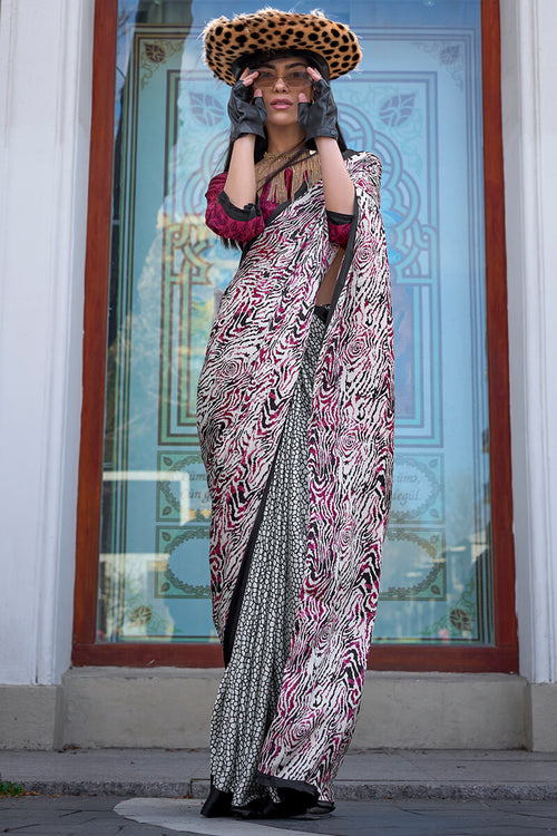 Load image into Gallery viewer, Nemesis Wine and Grey Digital Printed Satin Silk Saree With Elision Blouse Piece
