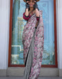 Nemesis Wine and Grey Digital Printed Satin Silk Saree With Elision Blouse Piece