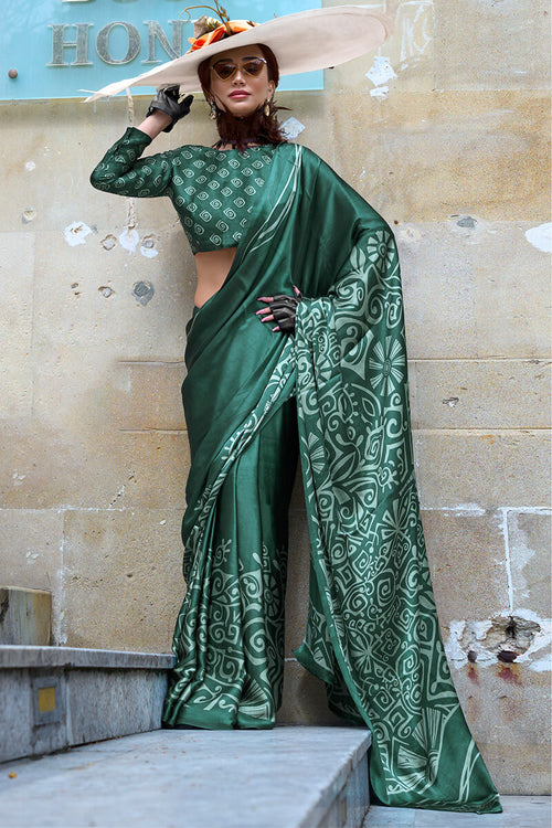 Load image into Gallery viewer, Conflate Dark Green Digital Printed Satin Silk Saree With Angelic Blouse Piece
