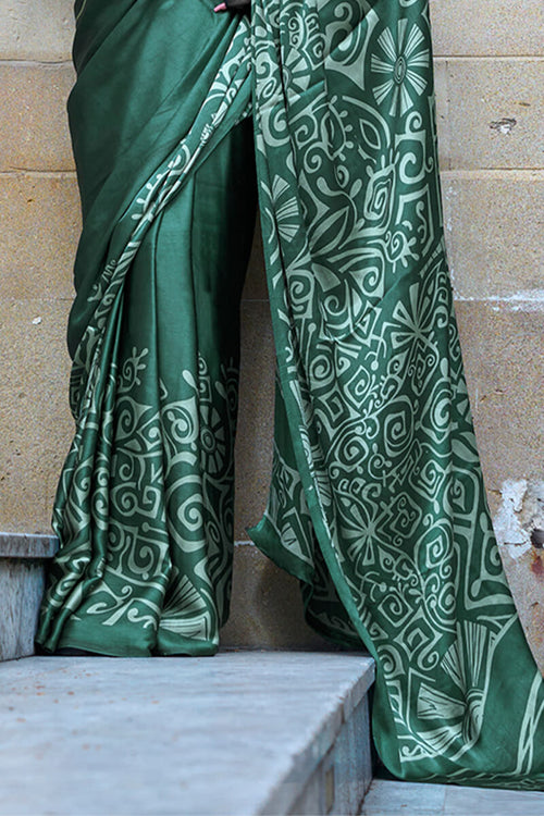 Load image into Gallery viewer, Conflate Dark Green Digital Printed Satin Silk Saree With Angelic Blouse Piece
