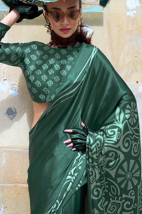 Load image into Gallery viewer, Conflate Dark Green Digital Printed Satin Silk Saree With Angelic Blouse Piece
