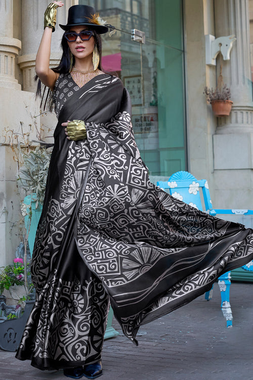 Load image into Gallery viewer, Twirling Black Digital Printed Satin Silk Saree With Arresting Blouse Piece
