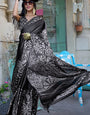 Twirling Black Digital Printed Satin Silk Saree With Arresting Blouse Piece