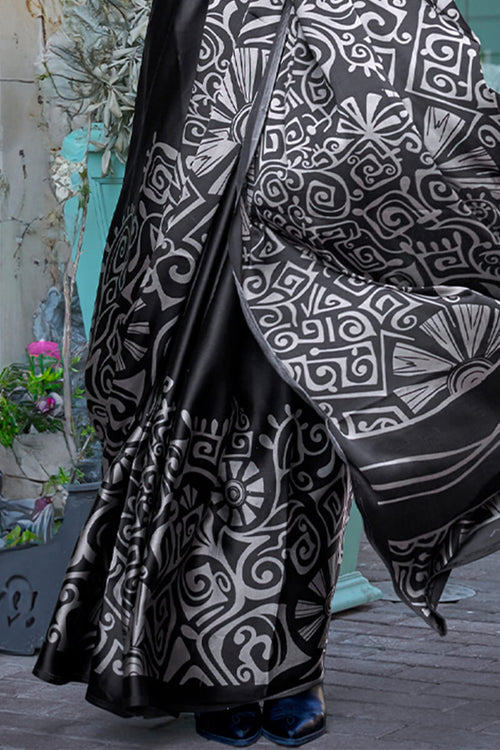 Load image into Gallery viewer, Twirling Black Digital Printed Satin Silk Saree With Arresting Blouse Piece
