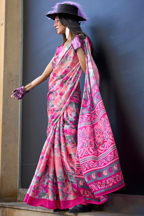 Load image into Gallery viewer, Beautiful Pink Digital Printed Satin Silk Saree With Outstanding Blouse Piece
