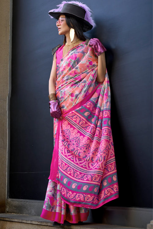 Load image into Gallery viewer, Beautiful Pink Digital Printed Satin Silk Saree With Outstanding Blouse Piece
