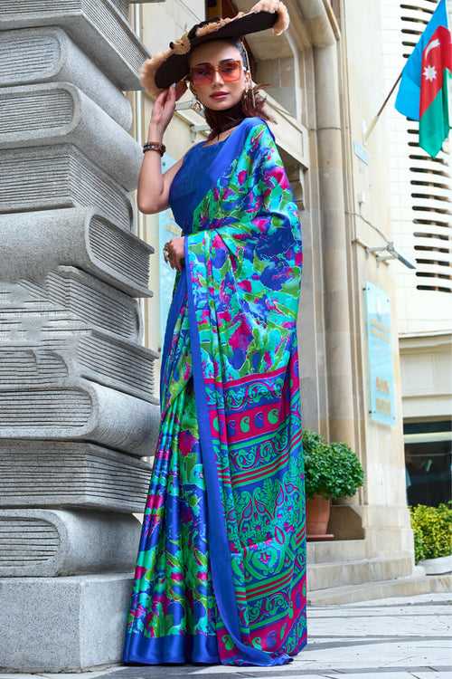 Load image into Gallery viewer, Refreshing Blue Digital Printed Satin Silk Saree With Energetic Blouse Piece
