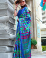 Refreshing Blue Digital Printed Satin Silk Saree With Energetic Blouse Piece