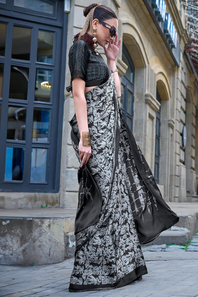 Unique Black and White Digital Printed Satin Silk Saree With Beautiful Blouse Piece