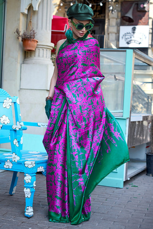 Load image into Gallery viewer, Breathtaking Magenta and Green Digital Printed Satin Silk Saree With Blissful Blouse Piece
