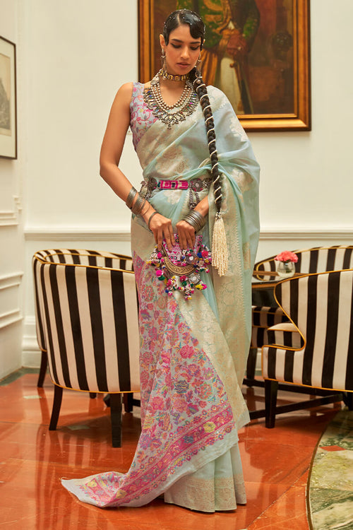 Load image into Gallery viewer, Stunning Sky Pashmina saree With Gleaming Blouse Piece
