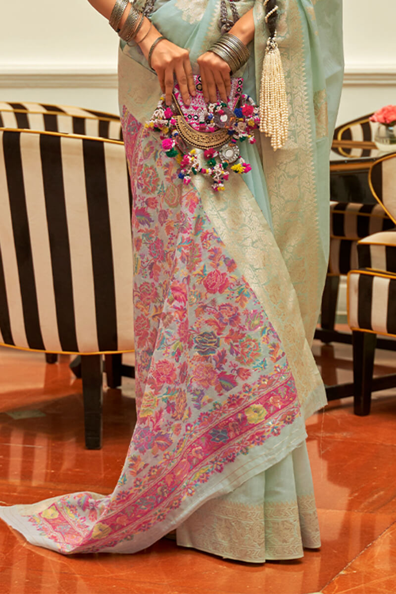 Stunning Sky Pashmina saree With Gleaming Blouse Piece