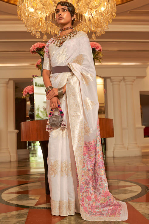 Load image into Gallery viewer, Ethnic Beige Pashmina saree With Opulent Blouse Piece
