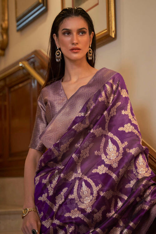 Load image into Gallery viewer, Assemblage Purple Organza Silk Saree With Dissemble Blouse Piece
