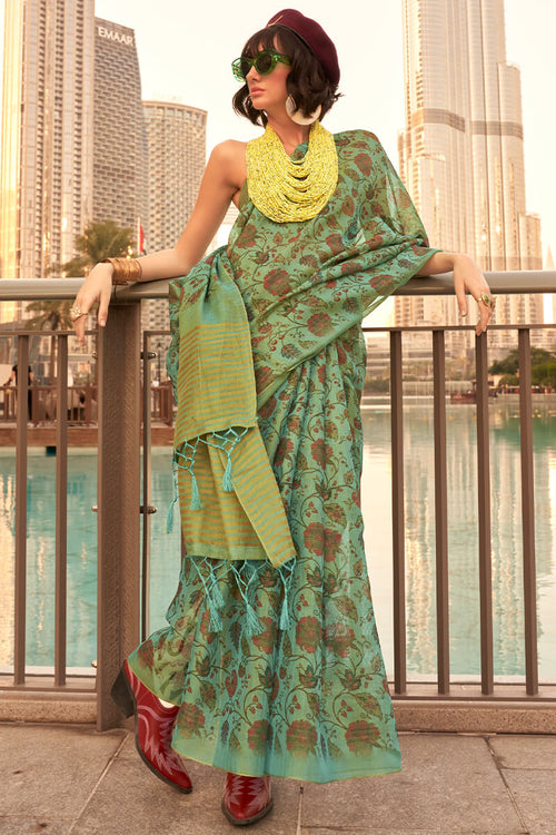 Load image into Gallery viewer, Adorable Green Digital Printed Tissue Silk Saree With Groovy Blouse Piece
