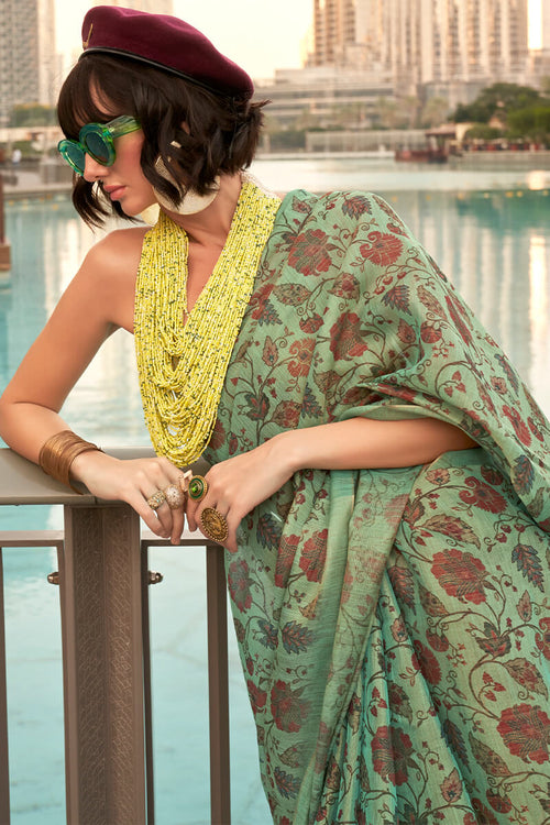 Load image into Gallery viewer, Adorable Green Digital Printed Tissue Silk Saree With Groovy Blouse Piece
