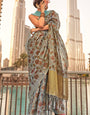 Demanding Grey Digital Printed Tissue Silk Saree With Ravishing Blouse Piece