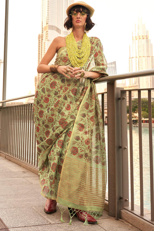 Load image into Gallery viewer, Desirable Mehndi Digital Printed Tissue Silk Saree With Ebullience Blouse Piece
