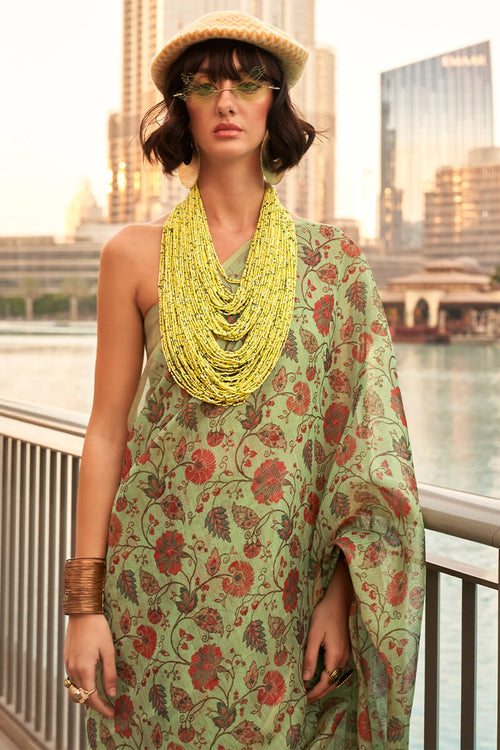 Load image into Gallery viewer, Desirable Mehndi Digital Printed Tissue Silk Saree With Ebullience Blouse Piece
