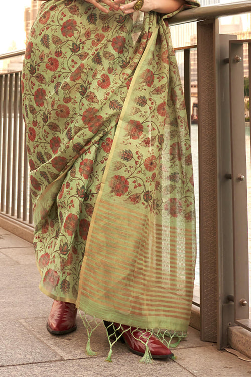 Load image into Gallery viewer, Desirable Mehndi Digital Printed Tissue Silk Saree With Ebullience Blouse Piece
