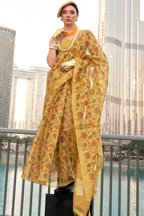 Load image into Gallery viewer, Transcendent Yellow Digital Printed Tissue Silk Saree With Artistic Blouse Piece
