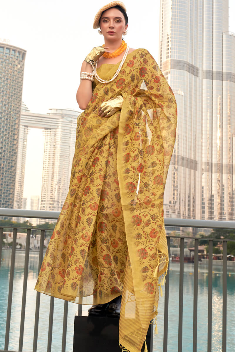 Transcendent Yellow Digital Printed Tissue Silk Saree With Artistic Blouse Piece