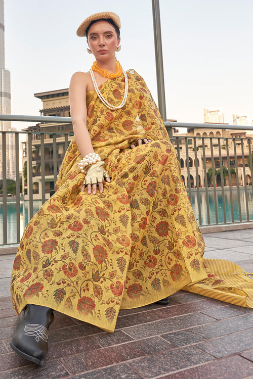 Load image into Gallery viewer, Transcendent Yellow Digital Printed Tissue Silk Saree With Artistic Blouse Piece
